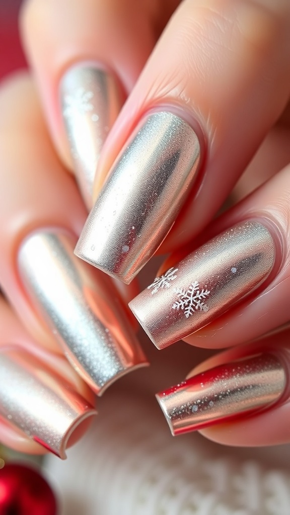Close-up of winter-themed chrome nail art with snowflakes and red polish.